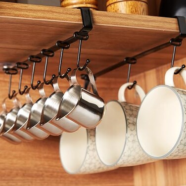 XILAOTOU Mug Rack Under Cabinet Coffee Cup Holder Each Bracket is Equipped with 6 and Adjustable Position of The Hook Display Hanging Cups Drying Hook for Bar Kitchen Utensils Black 2 Sets