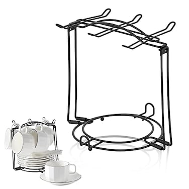CHILDIKE Tea Cup Holder Coffee Cups and Saucers Display Stand Metal Foldable Storage Rack for Espresso and Cappuccino Cup Black