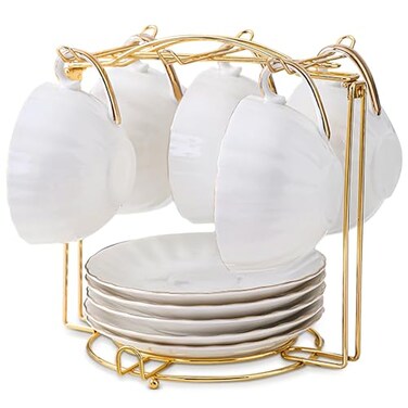 SJORHNUS Tea Cups HolderGold Metal Coffee Cup Tea Cups RackFoldable Organizer for Coffee Cup Spoon and Saucers