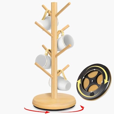 ZYZWTG Mug Holder TreeNew Upgraded 360 Rotated 8 Hooks Coffee Cup Holder for CounterWood Coffee Mug Rack Standing for Coffe e Bar Accessories and Kitchen Home OrganizerNatural