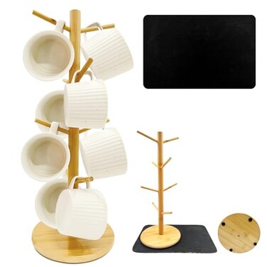 SNAIL GARDEN Coffee Mug Holder with Absorbent Drying Mat 8Hook Wood Coffee Cup StandMug Tree Coffee Cup Holder for Kitchen Countertop Cup Hanger Mug Racks for Bar Office Organizer