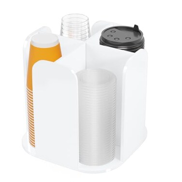 Beego Rotatable 4Compartment White Acrylic Cup Dispenser Coffee Station Cup and Lid Carousel Countertop Plastic Cup Holder for Restaurant Breakroom Coffee Bar