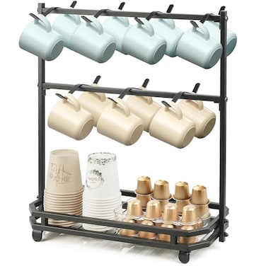 Samhe Coffee Mug Holder for Countertop Coffee Cup Holder Rack with 14 Hooks Metal Mug Tree Stand with Storage Base for K Cup Coffee Pod Paper Cups Tea Bag Black