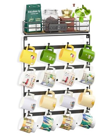 EsLuker.ly EsLukerly Coffee Mug Holder Wall Mounted Display Rack Black Metal Cup Hanger Organizer with16 Hooks Wood Rustic Shelf for Coffee Bar Home Kitchen Space Saving Wall Storage Black