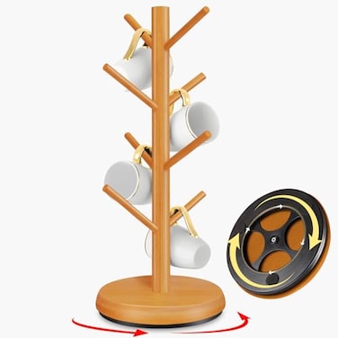 ZYZWTG Mug Holder TreeNew Upgraded 360 Rotated 8 Hooks Coffee Cup Holder for CounterWood Coffee Mug Rack Standing for Co ffee Bar Accessories and Kitchen Home OrganizerBrown
