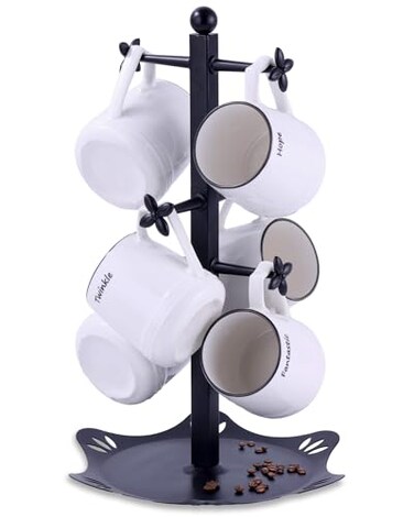 Ouseen Coffee Mug Holder for Countertop Cup Holder with 6 Hooks Mug Stand for Counter Coffee Bar Accessory Mug Tree Station Organizer Black