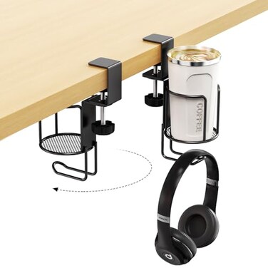 CABTE 2 in 1 Desk Cup Holder with Headphone Hanger Holder AntiSpill ClipOn Table Cup Hook with 360 Rotation for Lawn Chair Office Home Gaming Table 1 Pack