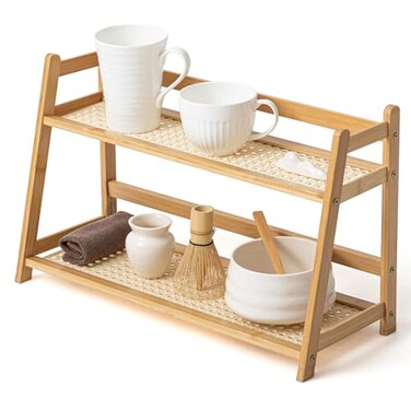 Yalikop 1 Pcs 2 Tier Matcha Station Shelf Bamboo Coffee Mug Stand Countertop Storage Rack Double Layer Rattan Office Cup Kitchen Tea Plant Bar Accessories Condiment Display Wood177 Inch