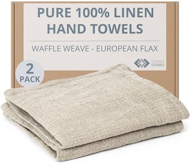 Thing Stories 100 European Linen Hand Towels for Kitchen Bath Set of 2 Waffle Weave Highly Absorbent QuickDry 14 x 28 in Stone Washed Flax