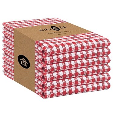 Native Fab 6 Pack Kitchen Towel with Hanging Loop 16x26 inches Cotton Gingham Check Dish Towels for Cleaning Drying Dishes Absorbent Cloth Rags Bar Towel Dish Cloth Set Red White