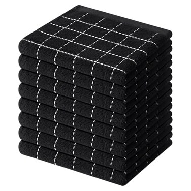 Mordimy 100 Cotton Terry Cloth Dish Cloths Soft and Absorbent Checkered Dish Towels Quick Drying Dish Rags for Washing Dishes 8 Pack 12 x 12 Inches Black