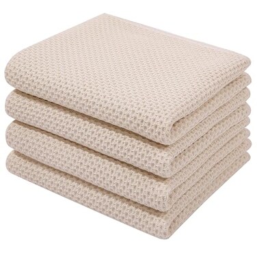 Homaxy 100 Cotton Waffle Weave Kitchen Dish Towels Ultra Soft Absorbent Quick Drying Cleaning Towel 13 x 28 Inches 4Pack Beige