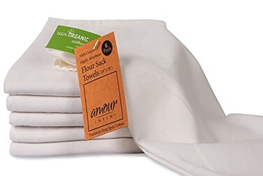 AMOUR INFINI Organic Cotton Flour Sack Kitchen Towels Pack of 6 Tea Towel for Embroidery and Drying Glass Dinnerware Lint Free Highly Absorbent Off White Dish Towels 28x28 Inch