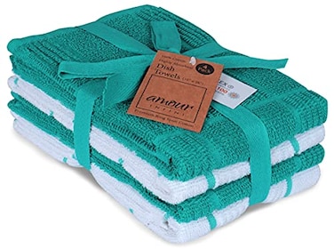 AMOUR INFINI Kitchen Towels Pack of 4 Terry Cotton Dish Towels Ultra Absorbent Quick Drying Hand Tea Towels Soft Durable Cleaning Cloths with Hanging Loop 16 x 26 Inch Teal