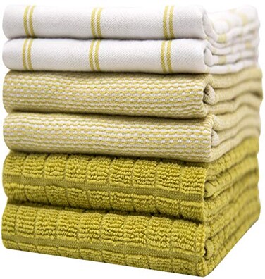 Bumble Towels Premium Kitchen Towels 20x 28 6 Pack Large Cotton Dish Towels Flat Terry Highly Absorbent Kitchen Linen Set with Hanging Loop Lime Green Check