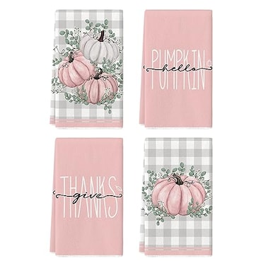 Artoid Mode Pink Eucalyptus Leaves Hello Pumpkin Fall Kitchen Towels Dish Towels 18x26 Inch Farmhouse Give Thanks Decoration Hand Towels Set of 4