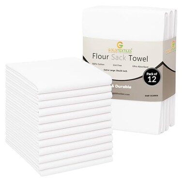 GOLD TEXTILES White Flour Sack Towels 12 Pack 28x28 100 Cotton Kitchen Towels Multipurpose Soft Absorbent Quick Dry with Easy Care