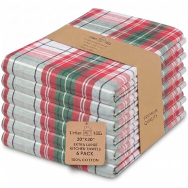 Urban Villa Christmas Kitchen Towels 100 Cotton Dish Towels for Kitchen Set of 6 20x30 Dish Cloths Absorbent Kitchen Linen Set with Hanging Loop Perfect for Drying Dishes Cleaning Christ Check