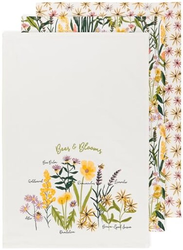 Now Designs Bees Blooms Bakers Floursack Cotton Dishtowels Set of 3