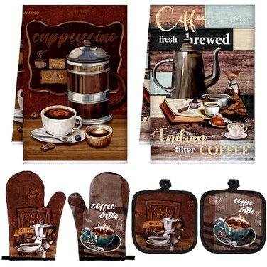Jingmore 6 Pcs Kitchen Decor Set Accessorie Farmhouse Kitchen Towels Pot Holders Oven Mitts Set 2 Dish Towels 2 Pot Holders 2 Cooking Mittens Oven Glove for CookingDark BrownCoffee