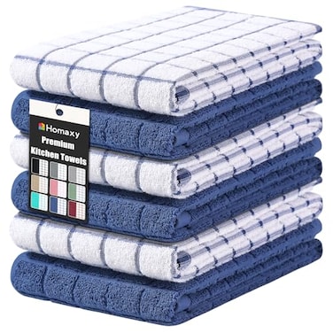 Homaxy Premium Cotton Kitchen Towels 16x 28 Large Natural Ring Spun 390 GSM Dish Towels Super Absorbent Terry Kitchen Hand Towels Soft Tea Towels with Hanging Loop Navy Blue Check Design 6 Pack