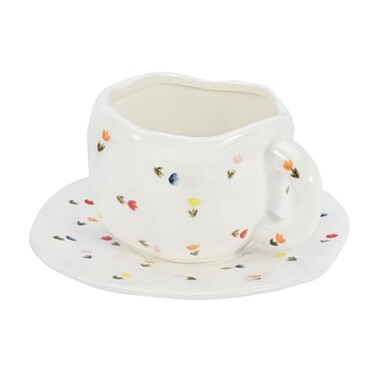 Koythin Ceramic Coffee Mug Cute Pink Cup for Women with Saucer for Office and Home Dishwasher and Microwave Safe 10 oz300 ml for Latte Tea Milk Colorful Tulips