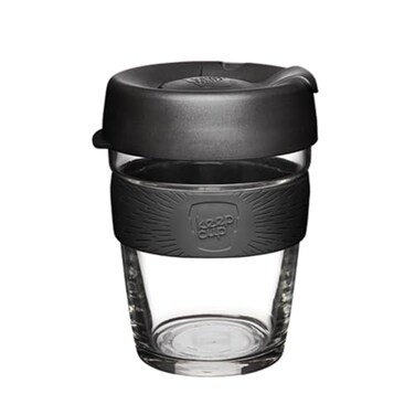 KeepCup 12oz Reusable Coffee Cup Toughened Glass Cup NonSlip Silicone Band 12OunceMedium Black