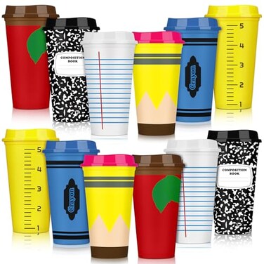 Skylety 12 Pcs Teacher Appreciation Gifts Teacher Gifts Bulk End of The Year Teachers Deals Reusable Plastic Coffee Cup with Lid for Back to School Party Decorations Elegant