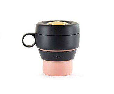 Lekue Lku Mug to Go Reusable Collabsible Drinks Holder Foldable Cup for Office Travel Hiking Coffee Tea 100 Leakproof Microwave Dishwasher Safe Handle for LeftRight Handed Use BlackPink