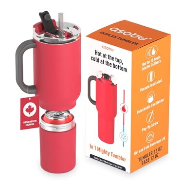asobu DUPLEX 2in1 Travel Mug and Beer Can Holder Enjoy hot and cold drinks simultaneously 22 oz Hot Coffee or Tea Tumbler with Attached 12 oz Cold Can Holder for Beer or Soda Red