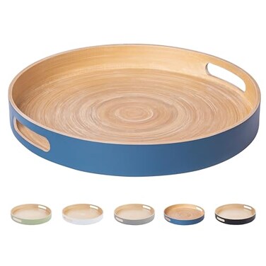 HABITAAS Spun Bamboo Round Wooden Tray Blue 1375 Inches