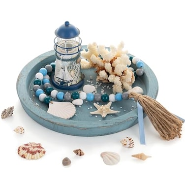 Hanobe Beach Decor Decorative Tray Farmhouse Coastal Tray for Nautical Themed Decorations Coffee Table Round Wooden Trays Ocean Style for Bathroom Countertop Centerpiece Rustic Blue