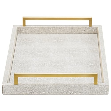 XIGEXIGE Ivory Shagreen Decorative Tray Large Rectangle Coffee Table Tray for Ottoman Faux Leather Serving Tray with Brushed Gold Handles