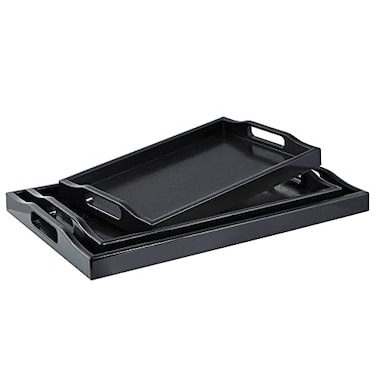 MDLUU Set of 3 Plastic Serving Trays with Cutout Handles Rectangle Butler Tray for Breakfast in Bed Coffee Table Kitchen Countertop Wood Grain Finish
