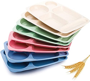WUWEOT 8 Pack Divided Food Plates 135 Wheat Straw Tray 5Compartment Unbreakable Fast Food Tray Microwave Dishwasher Safe BPA Free Lightweight