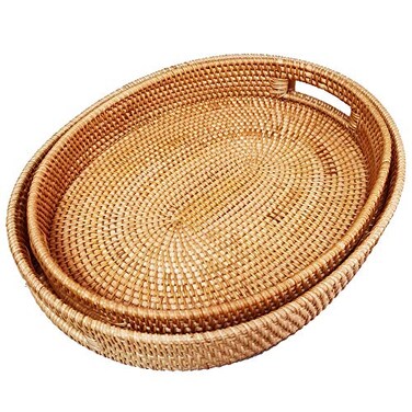 i-lan i lan 2Pack Extra Large Oval Rattan Serving Trays with Handles17 Inch Natural Brown Wicker Oval Serving Baskets Food Storage Platters Decorative Display Tray Set for OttomanCoffee Table40cm43cm