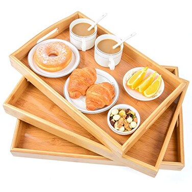 AKKAJJ 3 Pack Bamboo Serving Trays with Handles Rectangular Kitchen Food Tray for Eating Dinner Trays for Eating on Couch Wood Serving Platter for Breakfast Tea Bar Restaurant Party or Bed Beige