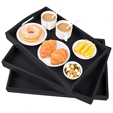 AKKAJJ 3 Pack Bamboo Serving Trays with Handles Rectangular Kitchen Food Tray for Eating Dinner Trays for Eating on Couch Wood Serving Platter for Breakfast Tea Bar Restaurant Party or Bed Black