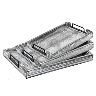 VERGOODR Country Rustic Torched Wood Nesting Breakfast Serving Trays with Handles Set of 3 White Grayish