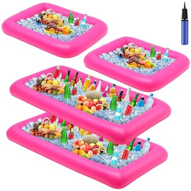 Leitee 4 Pcs Inflatable Ice Serving Bars Buffet Serving Tray Drink Cooler for Pool Party Inflatable Ice Tray Floating Food Drink Containers with Drain Plug and a Hand Pump 2 Sizes Pink