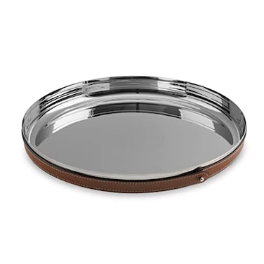 Nambe Tahoe Bar Tray Stainless Steel Organizing Tray with Raised Edges and Leather Accent Decorative Round Metal Serving Tray 13in Removable Leather Accent