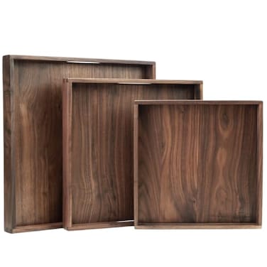 MAGIGO Set of 3 Large Square Solid Black Walnut Wood Ottoman Tray with Handles Serve Tea Coffee Classic Wooden Decorative Serving Tray 161412