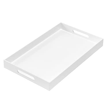 MUKEEN Glossy White Sturdy Acrylic Serving Tray with Handles 12x20x2H Inches Spill Proof Decorative Trays Countertop Organizer for Ottoman Coffee Table Nightstand sidetable Breakfast Tea Food