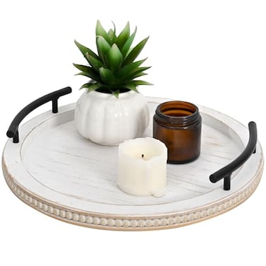 SwallowLiving White Wooden Beaded Serving Tray with Handle Decorative Rustic Whitewashed Tray for Coffee Table Farmhouse Round Tray for Kitchen Living Room and Bedroom