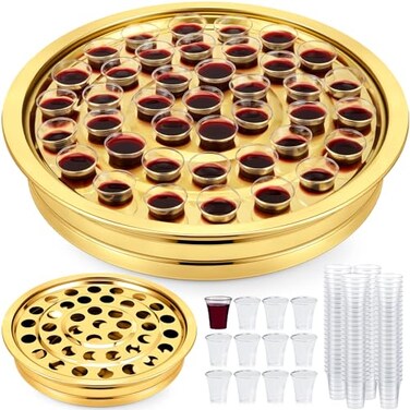 Zhehao 1 Pcs Communion Trays for Churches Set Church Supplies Plates for Church with Disposable Cups Gold