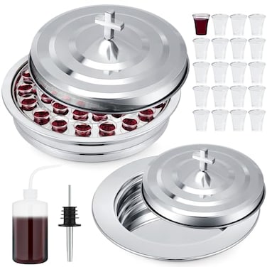Zhehao 2 Pcs Communion Set Holy Trays for Churches with Lid Communion Plates with Lid Churches Cups Filler and Disposable Cups Supplies Silver