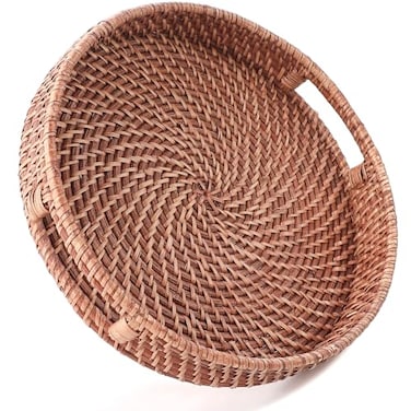 HITOMEN 118 HandWoven Round Rattan Serving Tray Decorative Wicker Trays with Handles for Coffee Table Honey BrownM