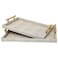 UPPER DECOR Modern Decorative Tray Set of 2 Ivory Shagreen Leather and Wood Serving Tray with Gold Polished Metal Handles for Ottoman Coffee Table Bathroom and More