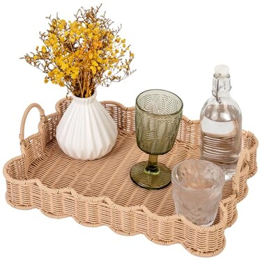 GRANNY SAYS Scalloped Edge Rectangle Wicker Serving Tray Coffee Table Tray Serving Trays with Handles Decorative Tray for Entryway Coffee Table Woven Tray for Serving 15 11 2