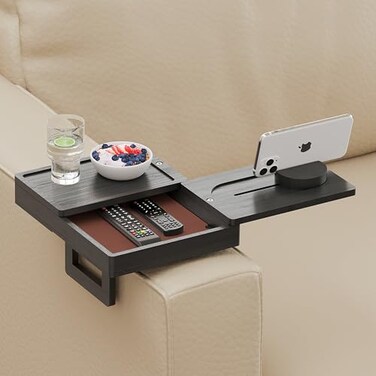 Wealone Black Couch Arm Tray with 2 Rotatable Tray Adjustable Sofa Arm Clip Table with Storage Box 360 Phone Holder Bamboo Couch Armrest Table for Snacks Drinks or Dining